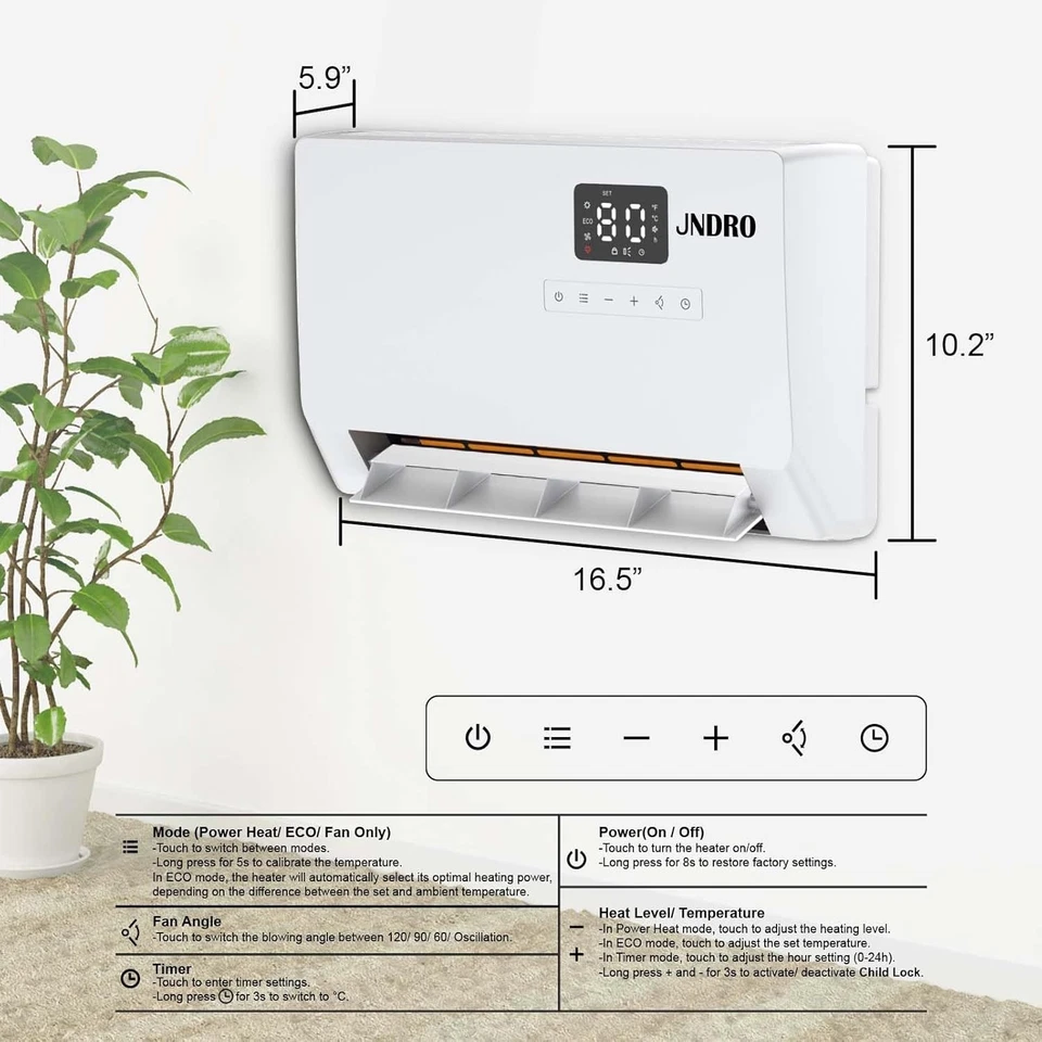 Calentador de Pared Eléctrico Interior 60°/90°/120° Oscilación Blanco Foto 3 de 4