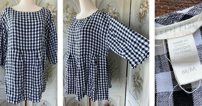 Reserved 4 e-d EILEEN FISHER 100% ORGANIC LINEN BOXY BLACK WHITE CHECK TOP