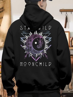 's Bohemian Sun & Moon Arrow Cotton Hoodie - Black with WhitePurplePink Boho Pri
