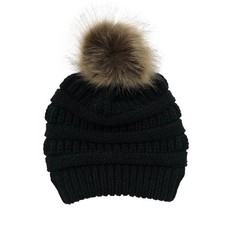 Women's Black Knit Beanie w/ Faux Fur Pom Ponytail Hole Winter Hat Warm Soft