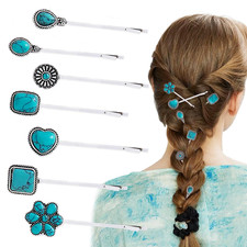7 PCS Turquoise Retro Decorative Bobby Pins Silver Metal Hair Clips Vintage Allo