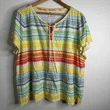 Talbots Shirt Womens 3X Multicolor Striped Lace Up Coastal Beach Boxy Preppy