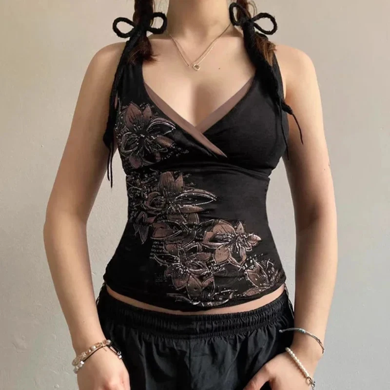 Women Coquette Fairycore Y2K Aesthetic Cami Top Print Halter Tank S-L