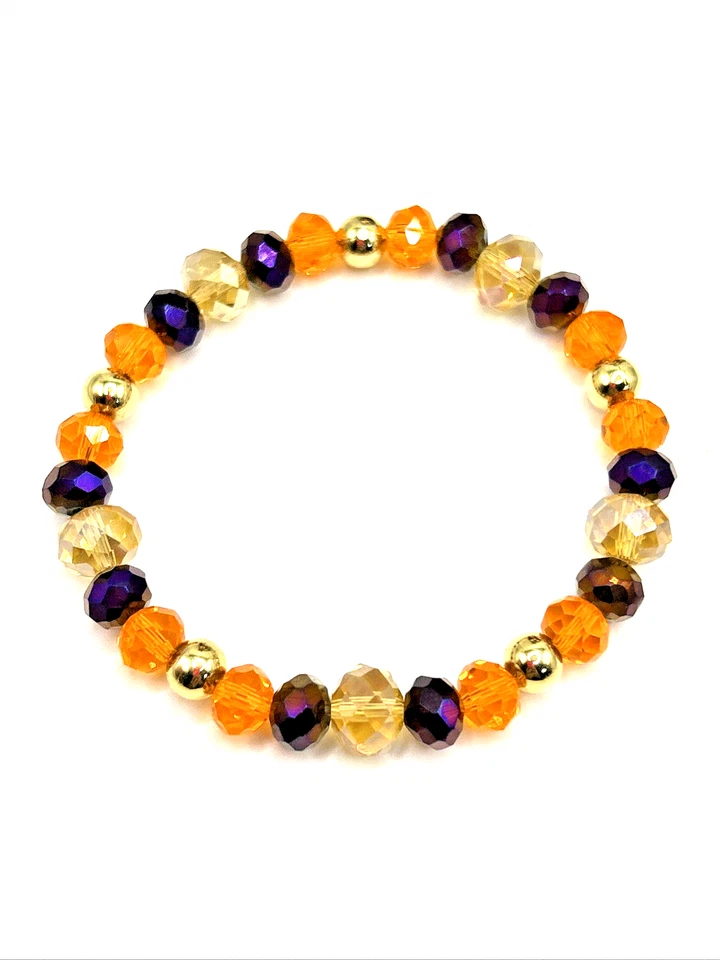 Pulsera elástica de cuentas de vidrio beige y dorado naranja púrpura colores otoño/otoño de 7,5" Foto 2 de 3
