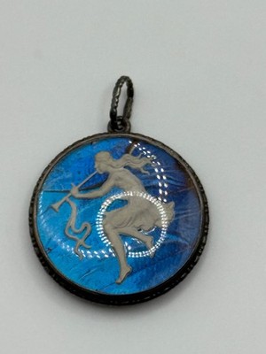 Antique Blue Morpho Butterfly Wing Sulfide Woman Horn Sterling Silver Pendant