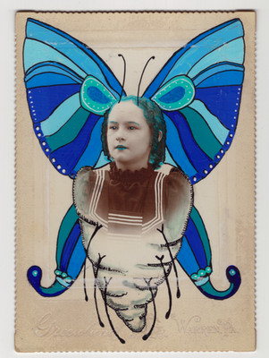 Blue Butterfly Girl Original Naive Folk Outsider Art Painting 4x6 Potocki