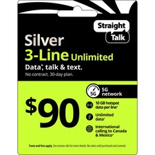 Straight Talk 90 Silver 3-Line Unlimited Prepaid Plan with 10 GB Hotspot