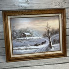 vintage oil painting Landscape Signed Horse Snow Rustic Farmhouse Winter Scene