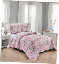 3-Piece Size Wave Edged Oversized Quilt Set 120 King Pink Blue White, Floral