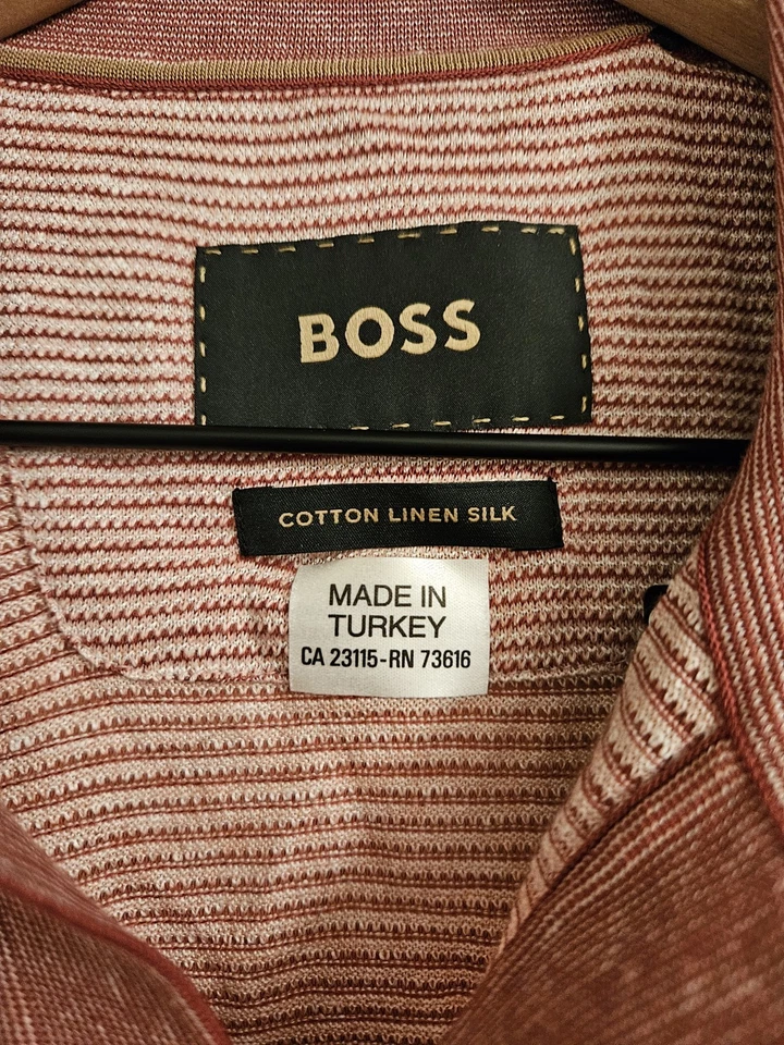 BOSS Red Striped Polo Shirt. Size M. Linen/Silk. Camel Label - Image 3 of 4