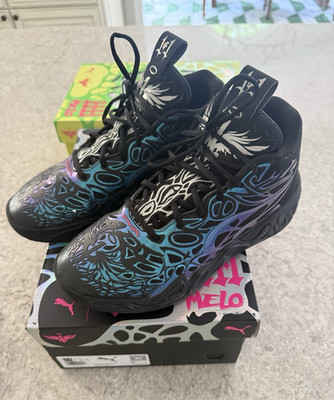 PUMA Men s Basketball Mid Top Lace Up Graphic Sneakers Black Blue Purple