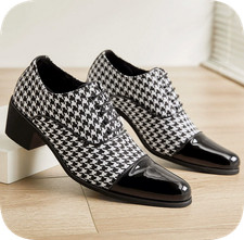 Mens Houndstooth Shiny Leather Swallow Gird Patchwork Dress Shoes Cuban Heel Man