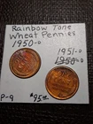 Rainbow Toned  Colors  2 - Wheat Penny   1950 -D/ 1951 -D  P-9