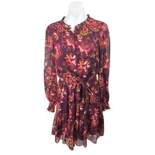 Vince Camuto Purple Floral Long Sleeve Chiffon Tie Belt Mini Fit & Flare Dress 8