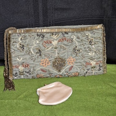 Vintage ZARA Beaded Green, Bronze, Brown & Gold Clutch Wallet Bag W Coin Purse