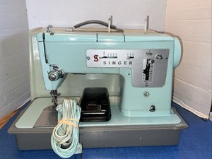 Singer 338 Sewing Machine Turquoise W/ Cover Pedal Vintage 1960s Tested Works