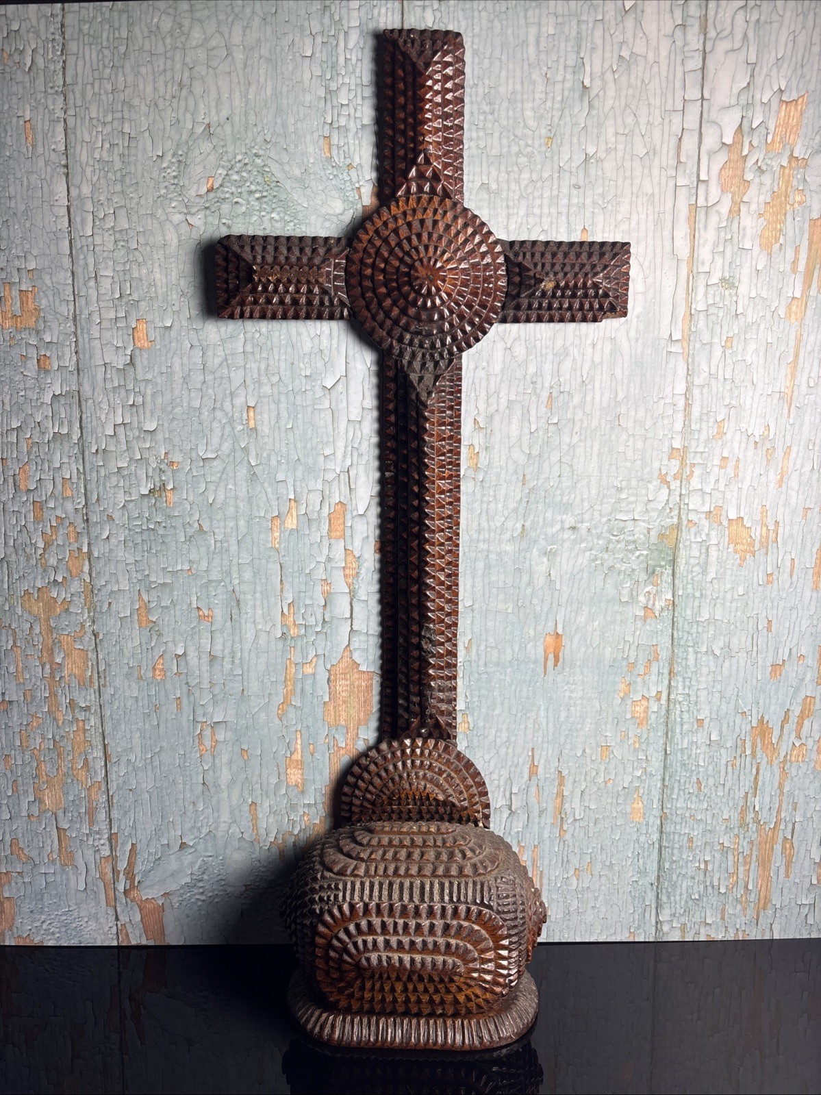 19th Century Tramp Art Carved Wood Crucifix 