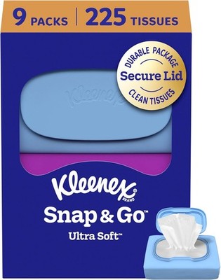 Kleenex Snap & Go Ultra Soft Facial Tissues, 9 On-the-Go Pas, 25 Tissues