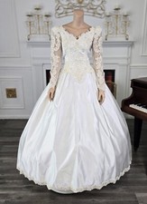 Alfred Angelo Vintage 80s 90s White Satin Alencon Long Sleeve Wedding Dress 12