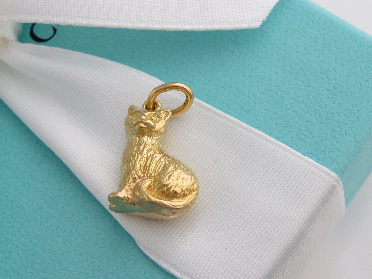 Authentic Tiffany & Co Yellow Gold Cat Charm Pendant Box Included