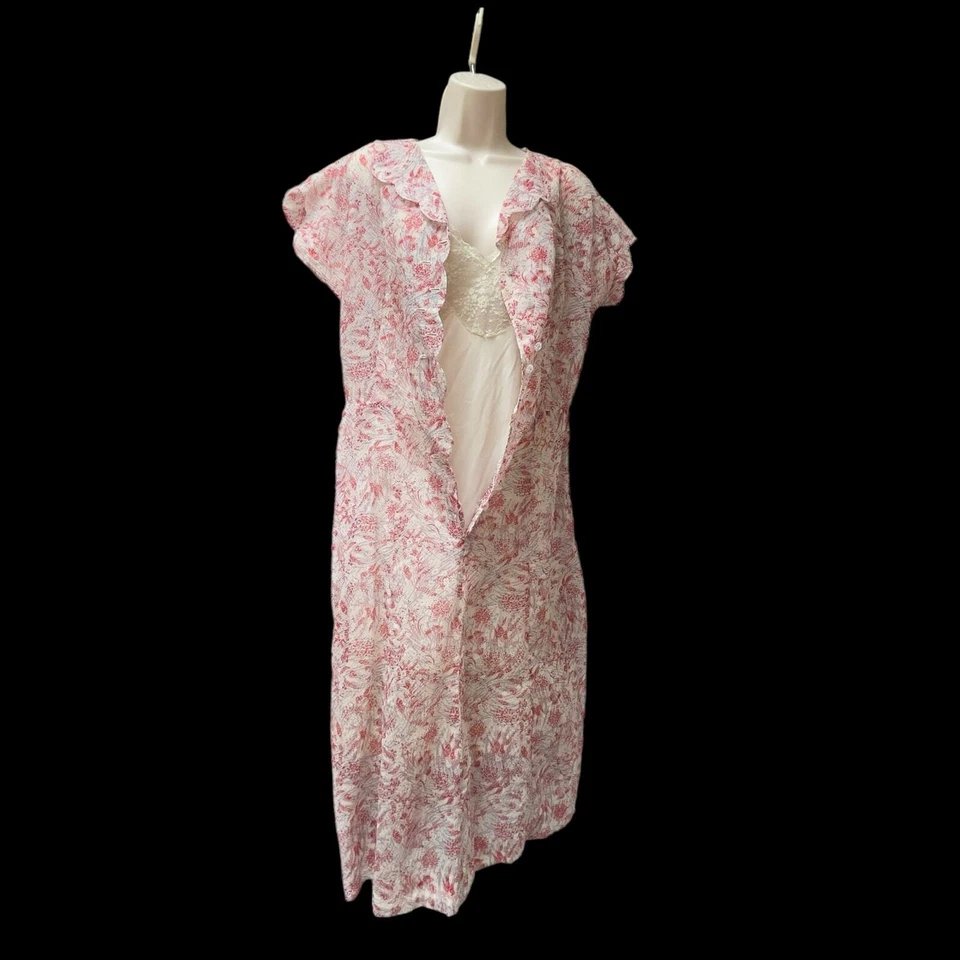 1950's Fit & Flare MCM Red Pattern Sheer Dress Lucite Rhinestone Buttons Sz M - Image 4 of 4