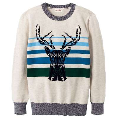 Boys Striped Blue & Green Cotton Buck Deer Sweater Ugly Christmas Reindeer