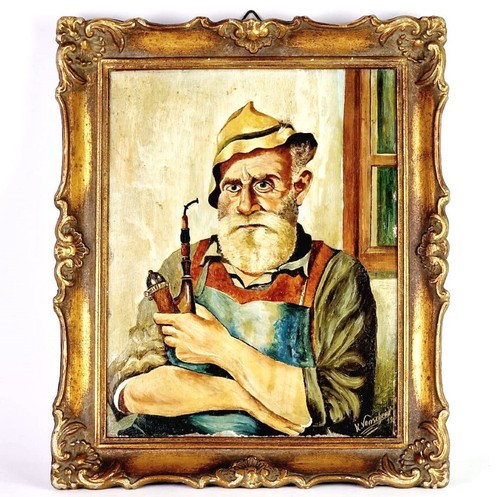 Porträt Mann mit Pfeife signiert K. Vinscheidt Holz- Rahmen um 1919 R1128