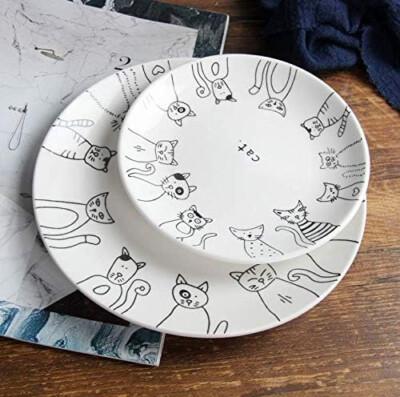 Set of 2 Cute Cartoon Cat Ceramic Dinner Plates 6'' & 7.8''