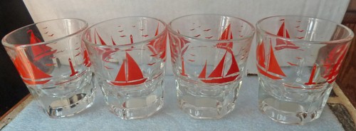 4 Vtg Shot Glasses Red Sailboats