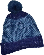 INC International Concepts Skip Stitch Faux Fur Beanie Hat Pompom Blue