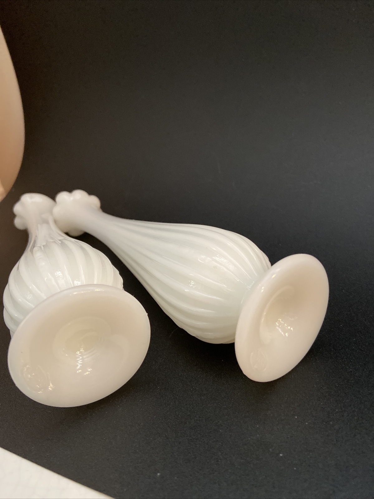 (2) Fenton Footed Ribbed Bud Vase Clambroth White Milk glass. 7.5", 6.