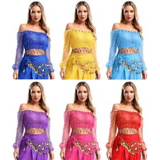 Womens Sweatshirt Mesh Top Tassel Belly Dance Dancer Blouse Night Tank Stage