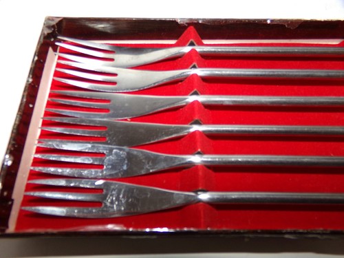 Set 6 forchette per fonduta metà secolo in scatola manici legno - Foto 3 di 5