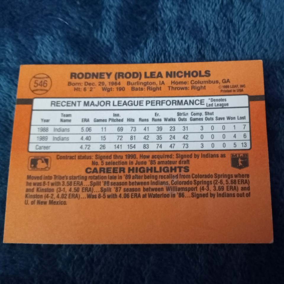 1990 Donruss RARE Rod Nichols 546 ERROR CARD No dot after INC Baseball