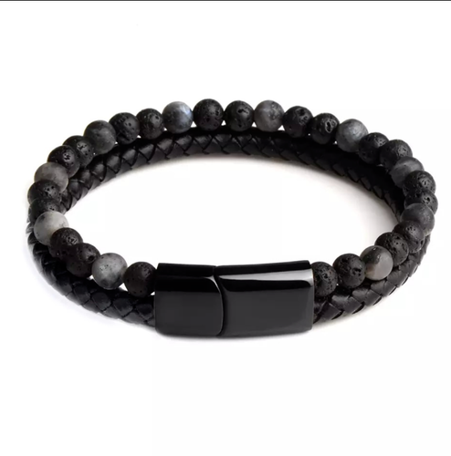 Fashion Men Jewelry Natural Stone Genuine Leather Bracelet Black Stainless Steel - Picture 10 of 11
