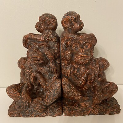 Vintage Bookends 3D Monkey Animal  Family Chimpanzee  Statue Sand Resin Heavy