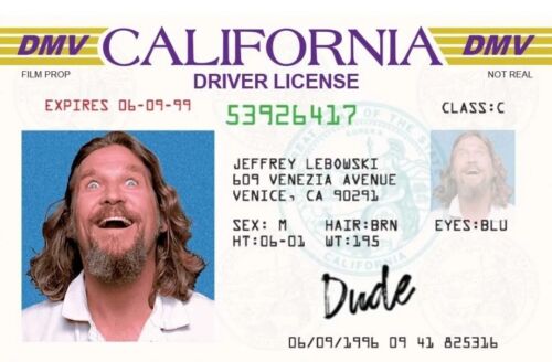 CARTE D'IDENTITÉ "THE DUDE" - Permis de conduire Big Lebowski - accessoire de film CA California - Photo 1 sur 3