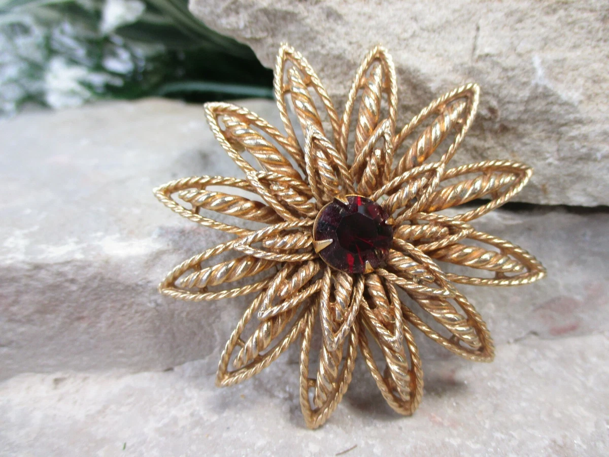 Signed Cathe RED RHINESTONE Goldtone Authentic VINTAGE Brooch Pin