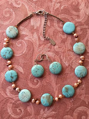 TURQUOISE, PEARLS, CRYSTALS NECKLACE & EARRINGS BY MODA DESIGNS | eBay