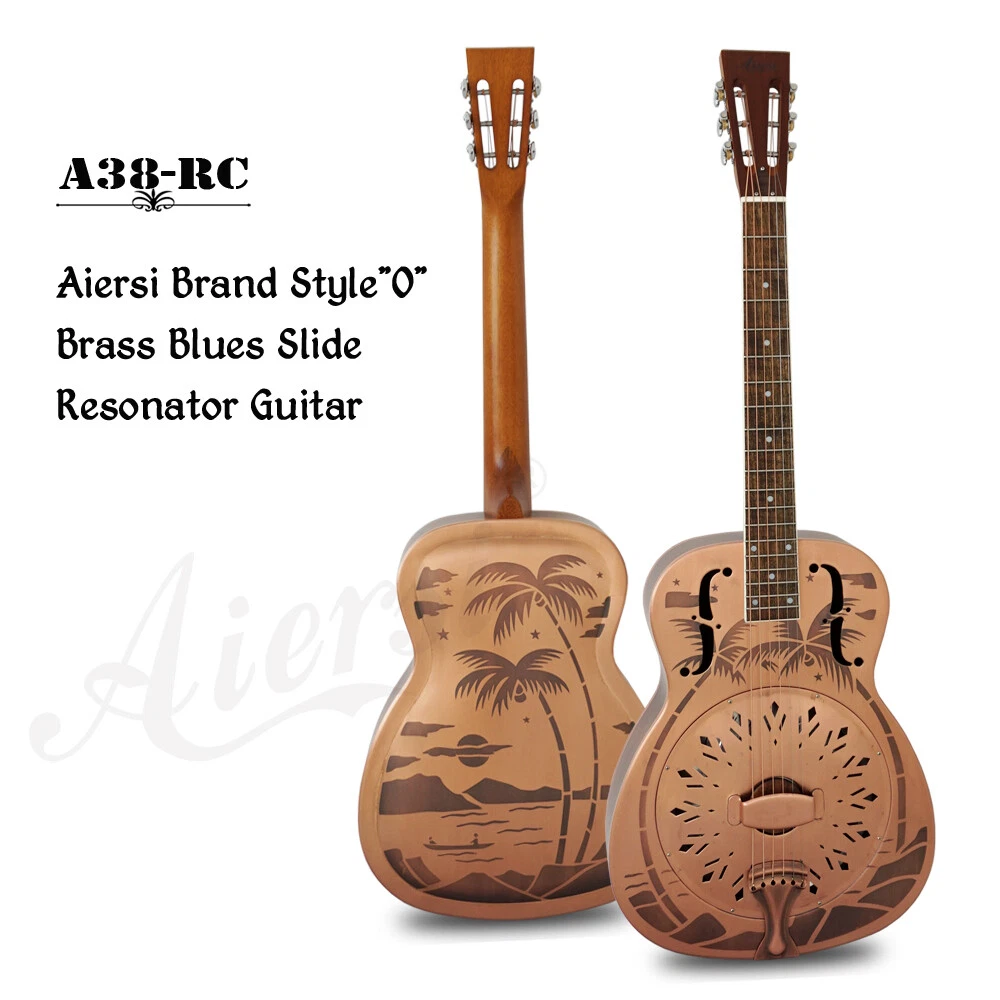 Aiersi Copper Finish F Hole Sandblasted Palm Tree Resonator Guitar