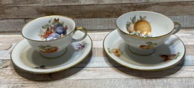 2 ESCHENBACH Orchard Fruit Tea Cups Saucers Pair Baronet Gold Trim Germany EUC