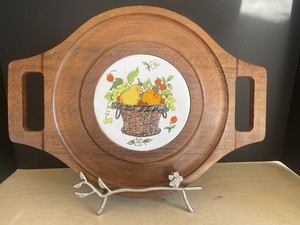 Vintage Oval Wood Ceramic Serving Tray Fruit Basket Motif Handles Medium Brown