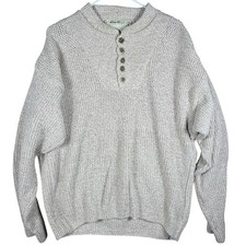 Eddie Bauer Henley Sweater Mens L Oatmeal Ribbed Cotton Vintage Made in USA