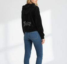Juicy Couture Velour Tracksuit Jacket Women Large Black Crop Hoodie Rhinestones