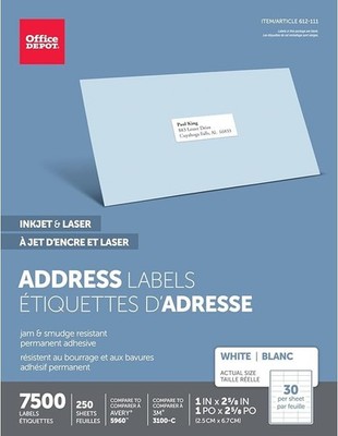 Office Depot Inkjet/Laser Address Labels 250 Sheets 1'' x2-5/8'' White 7500 Labels