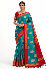 Teal Green Silk Saree with Red Zari Border, Kanchipuram Style, Paisley Butta