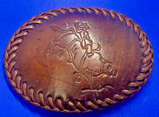 Professional Bull Rider Embossed on Brown Leather Stitched Border Belt Buckle