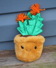 FAO Schwarz Sparkly Cute Cactus Plush Orange Flowers 8" Succulent Happy Smiling