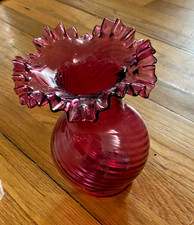 Fenton Art Glass Vase Crimped Ruffle 8”  Cranberry Swirl