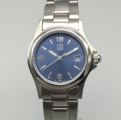 ESQ Swiss Watch Women 25mm Silver Tone Blue Dial Date New 